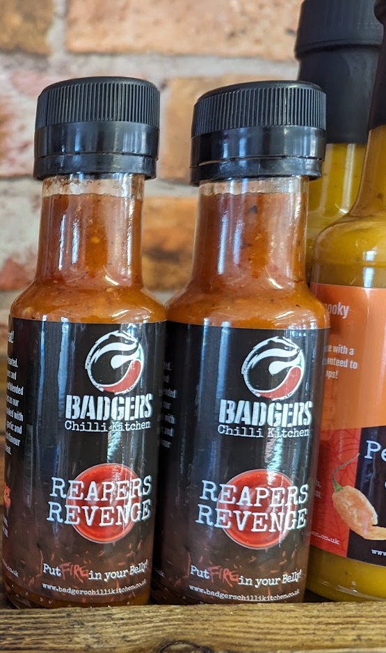 Badgers Reapers Revenge hot sauce on the shelf at the Chilli Ranch shop.